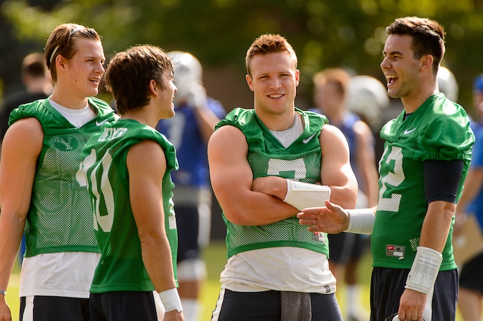 Trent Nelson  |  The Salt Lake TribuneBYU quarterbacks Beau Hoge, Koy Detmer Jr., Tanner Mangum, and Taysom Hill at the first BYU fall camp practice under new coach Kalani Sitake, Friday August 5, 2016 in Provo.