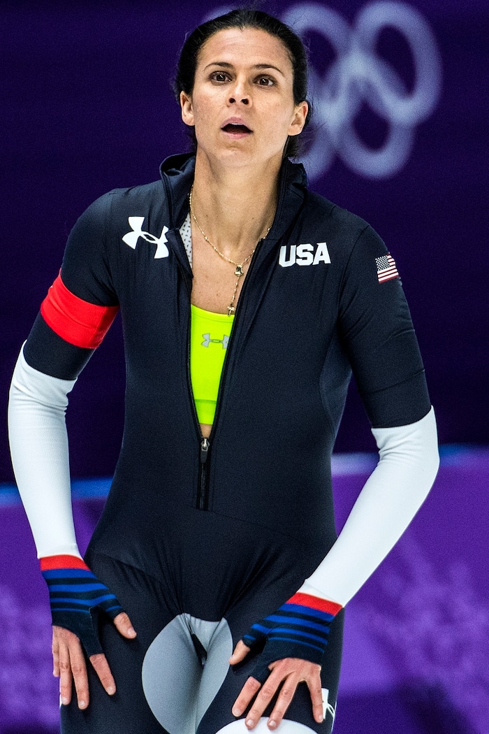 (Chris Detrick  |  The Salt Lake Tribune)  USA's Brittany Bowe reacts after racing Netherlands' Jorien Ter Mors in the Ladies' 1,000m during the Pyeongchang 2018 Winter Olympics Wednesday, Feb. 14, 2018.  Bowe finished in 4th place with a time of 1:14.36.