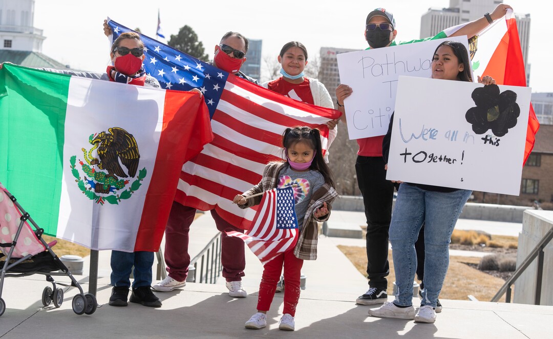 (Rick Egan | The Salt Lake Tribune)  Participants gather on the steps of the Capitol, for the national Day Without Immigrants rally, on Monday, Feb. 14, 2022.