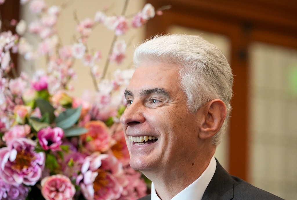 (Chris Samuels | The Salt Lake Tribune) Newly ordained apostle Gérald Caussé conducts an interview with The Tribune at the Joseph Smith Memorial Building in Salt Lake City, Friday, Nov. 7, 2025.