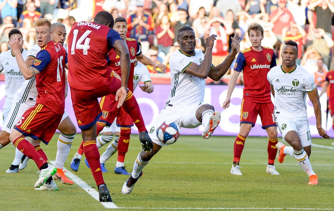 Leah Hogsten  |  The Salt Lake Tribune  Real Salt Lake defender Nedum Onuoha (14) line drivs Portland Timbers defender Larrys Mabiala (33) on a corner kick. Real Salt Lake hosts the Portland Timbers, Saturday, May 4, 2019 at Rio Tinto Stadium in Salt Lake City.