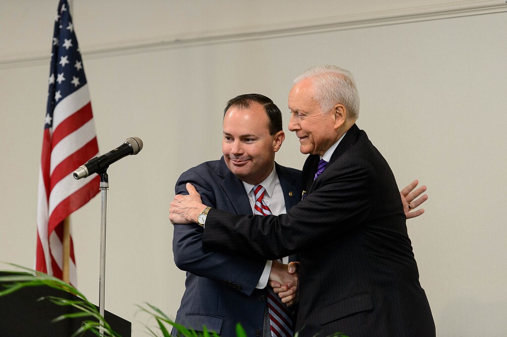 Trent Nelson  |  The Salt Lake TribuneSenator Mike Lee embraces Orrin Hatch as the Utah Republican delegation meets over breakfast in Akron, OH, Monday July 18, 2016.