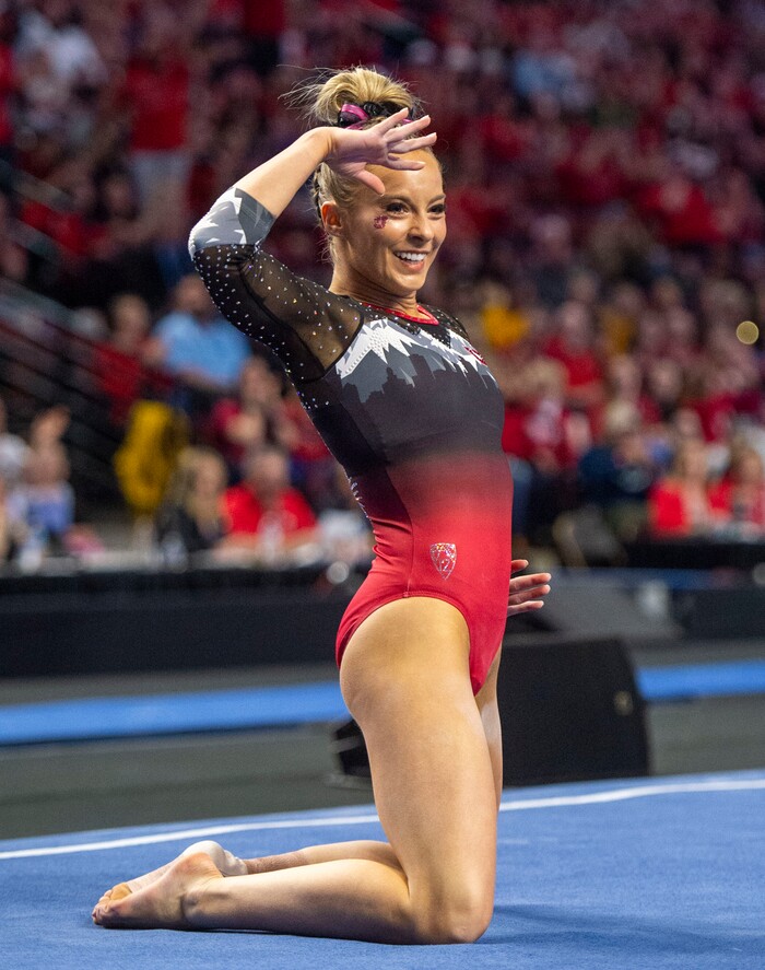 (Rick Egan  |  The Salt Lake Tribune)    MyKayla Skinner competes on the floor for Utah, in the PAC-12 Gymnastics Championships at the Maverik Center, Saturday, March 23, 2019. Skinner scored a 10 on her routine. 


