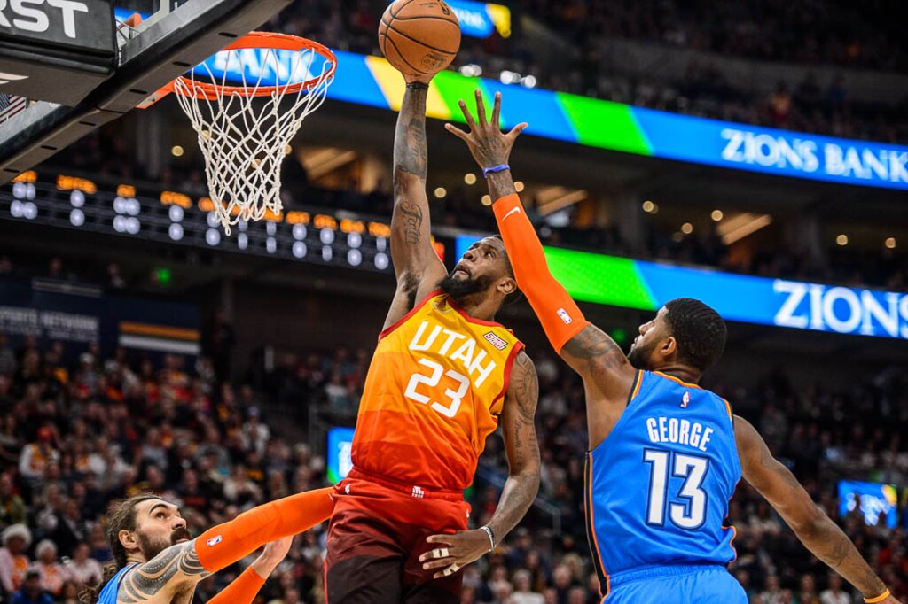 (Trent Nelson | The Salt Lake Tribune)  Utah Jazz forward Royce O'Neale (23) as the Utah Jazz host the Oklahoma City Thunder, NBA basketball in Salt Lake City on Monday March 11, 2019.