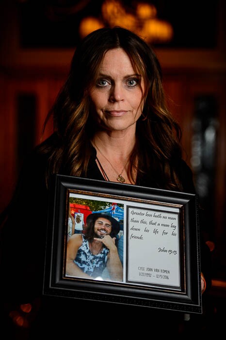 (Trent Nelson | The Salt Lake Tribune) Ranae Finch reflects on the life of her 24-year-old son Cyle VanKomen and the year since he and another man were shot and killed inside his South Ogden home. Despite video surveillance showing the three killers on camera, police have never been able to make an arrest in the case. Finch was photographed at her Syracuse home Wednesday December 6, 2017.