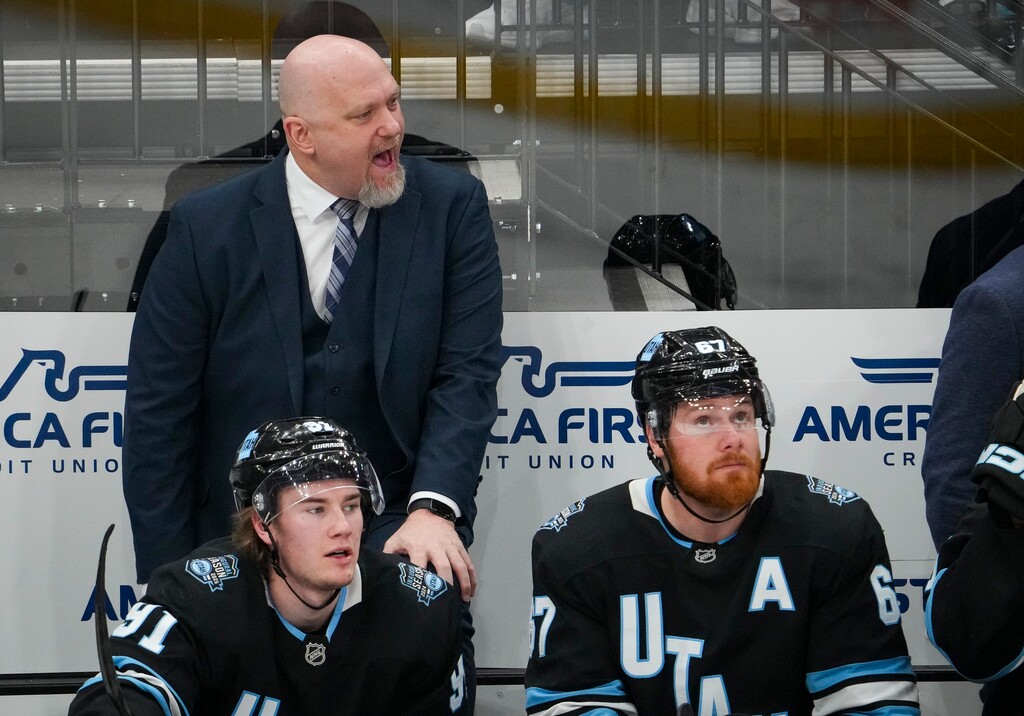 (Bethany Baker  |  The Salt Lake Tribune) Utah Hockey Club head coach Andre Tourigny calls out during the game against the Detroit Red Wings at Delta Center in Salt Lake City on Monday, March 24, 2025.