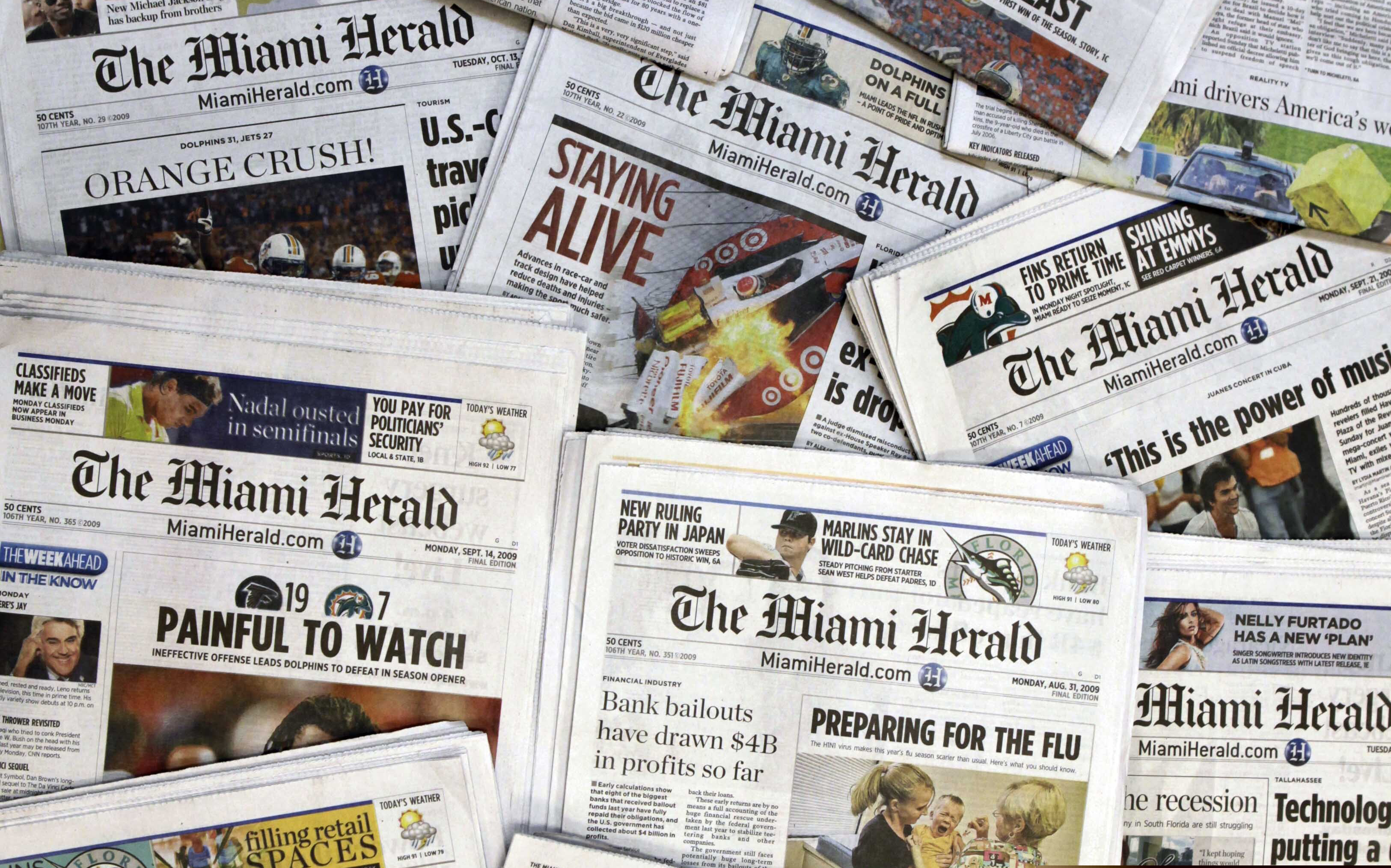 (Wilfredo Lee | AP file photo)
In this Oct. 14 photo, copies of the McClatchy Co. owned Miami Herald newspaper are shown in Miami. The publisher of the Miami Herald, The Kansas City Star and dozens of other newspapers across the country has filed for bankruptcy protection, Thursday, Feb. 13, 2020. McClatchy Co.'s 30 newsrooms will continue to operate as usual as the publisher reorganizes under Chapter 11 bankruptcy protection.