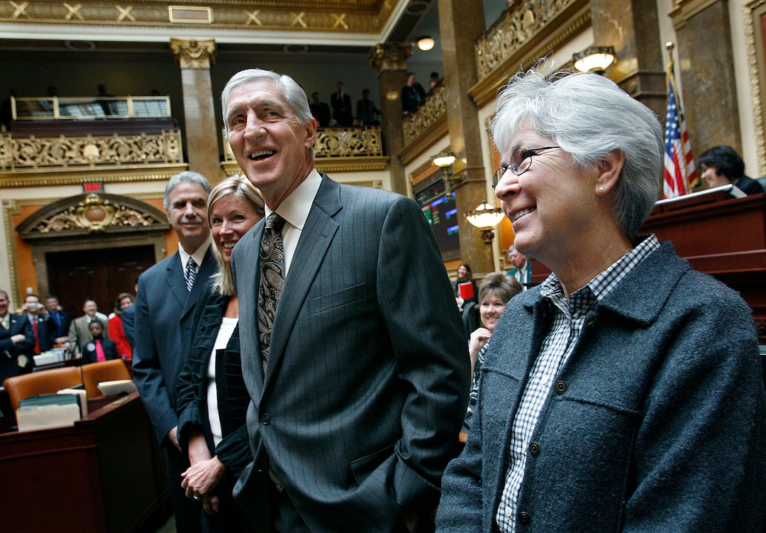 (Scott Sommerdorf  |  Tribune file photo) Former Utah Jazz head coach Jerry Sloan and assistant coach Phil Johnson (far left) listen as they are applauded In the Utah House of Representatives, Monday, March 7, 2011. The two former coaches were accompanied by Gail Miller, wife of former Jazz owner Larry Miller (right).