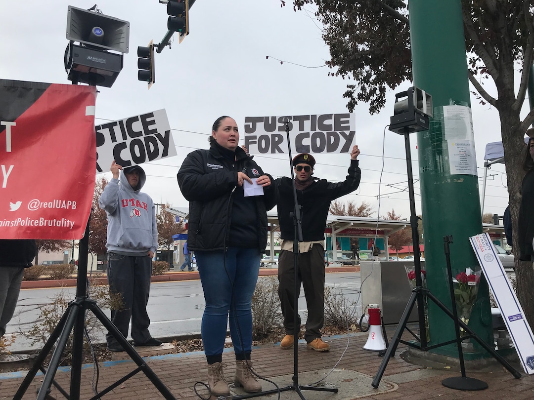 (Paighten Harkins|The Salt Lake Tribune) Sena Belgard, the sister of Cody Belgard, speaks at a rally on Saturday, Nov. 17, 2018. Cody Belgard was shot and killed by Salt Lake City police Nov. 9, 2018, and his family is demanding answers.