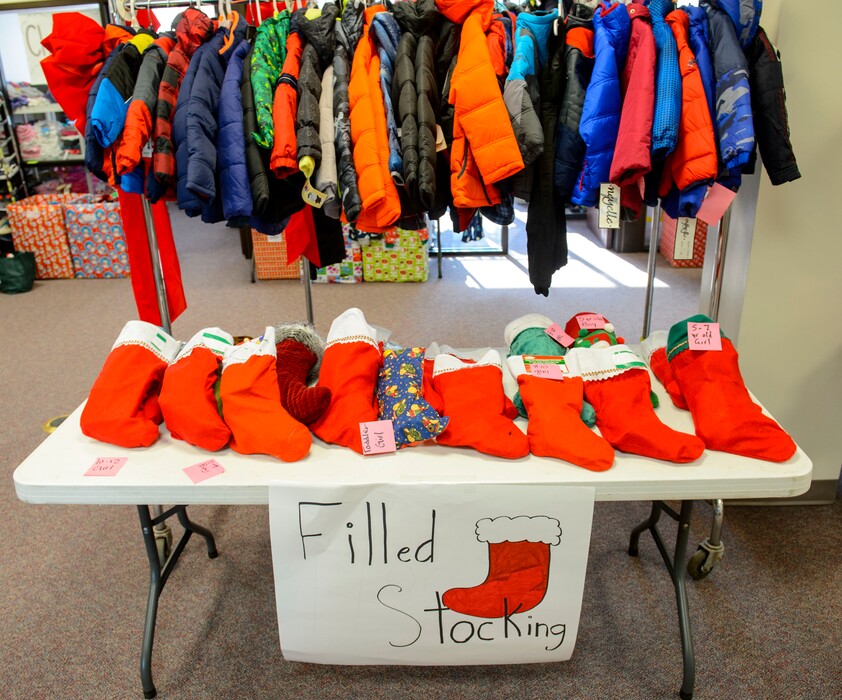 (Steve Griffin  |  The Salt Lake Tribune) Candy Cane Corner in Salt Lake City Thursday December 7, 2017. Candy Cane Corner gives struggling families a way to have a happy holiday experience. Low-income parents who are participating in programs at The Road Home, Volunteers of America, Utah, and the YWCA can select gifts for their children and themselves at the store and wrap them there. The store is stocked with new toys, clothing and housewares that are donated by community members.  