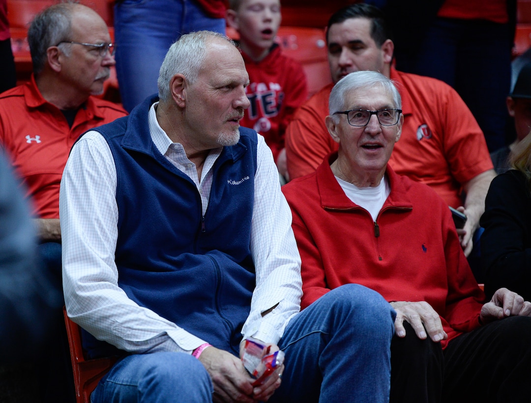(Francisco Kjolseth  |  The Salt Lake Tribune)  Utah Jazz alumni Mark Eaton and coach Jerry Sloan get ready to take in a game as the University of Utah hosts UCLA in NCAA basketball at the Huntsman Center in Salt Lake City, Thursday, Feb. 22, 2018.