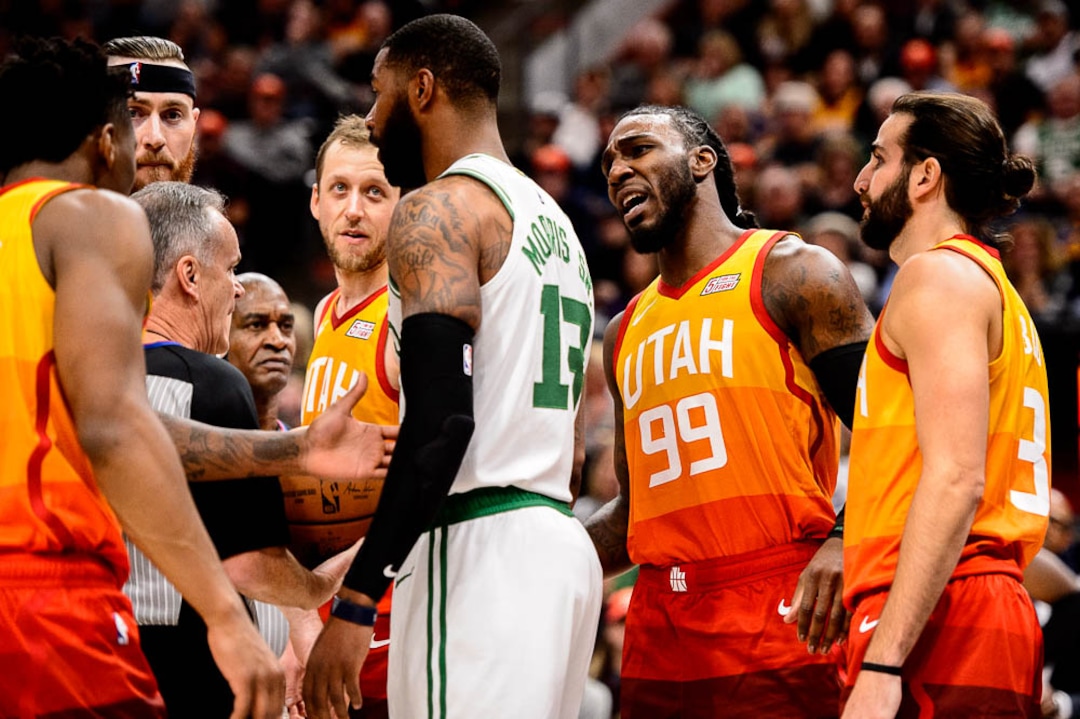 (Trent Nelson | The Salt Lake Tribune)  Utah Jazz forward Jae Crowder (99) has words for Boston Celtics forward Marcus Morris (13). Utah Jazz vs. Boston Celtics, NBA basketball in Salt Lake City on Friday Nov. 9, 2018.