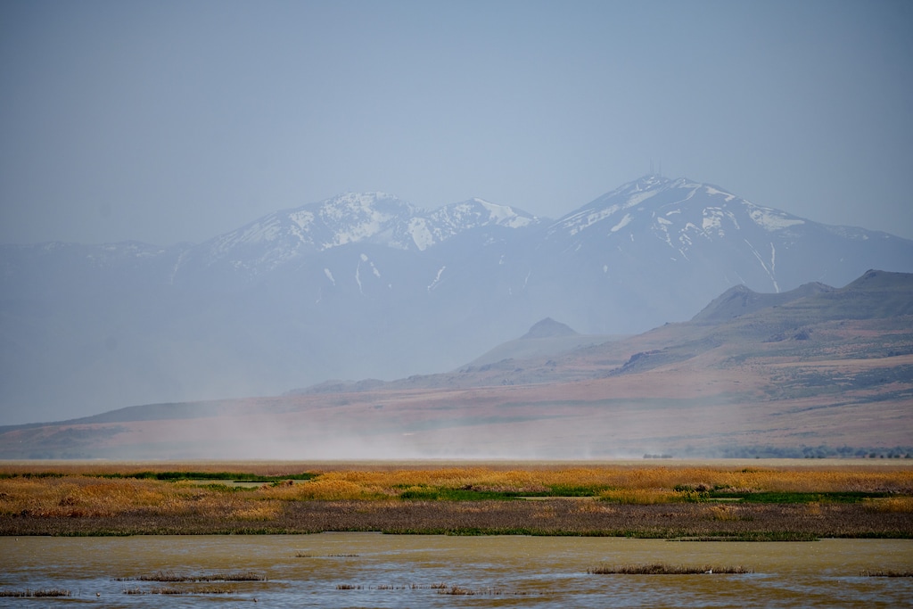 (Trent Nelson  |  The Salt Lake Tribune) Dust blows over the Great Salt Lake on Monday, May 12, 2025.