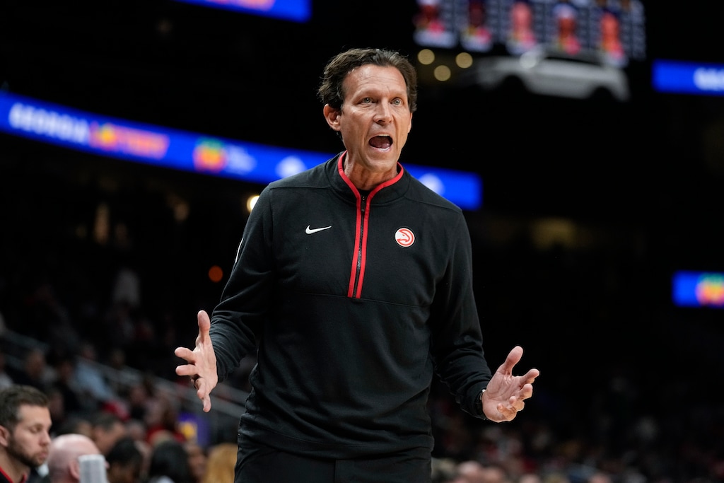 Atlanta Hawks head coach Quin Snyder reacts after a call during the first half of an NBA basketball game against the Washington Wizards Tuesday, Feb. 28, 2023, in Atlanta. (AP Photo/John Bazemore)