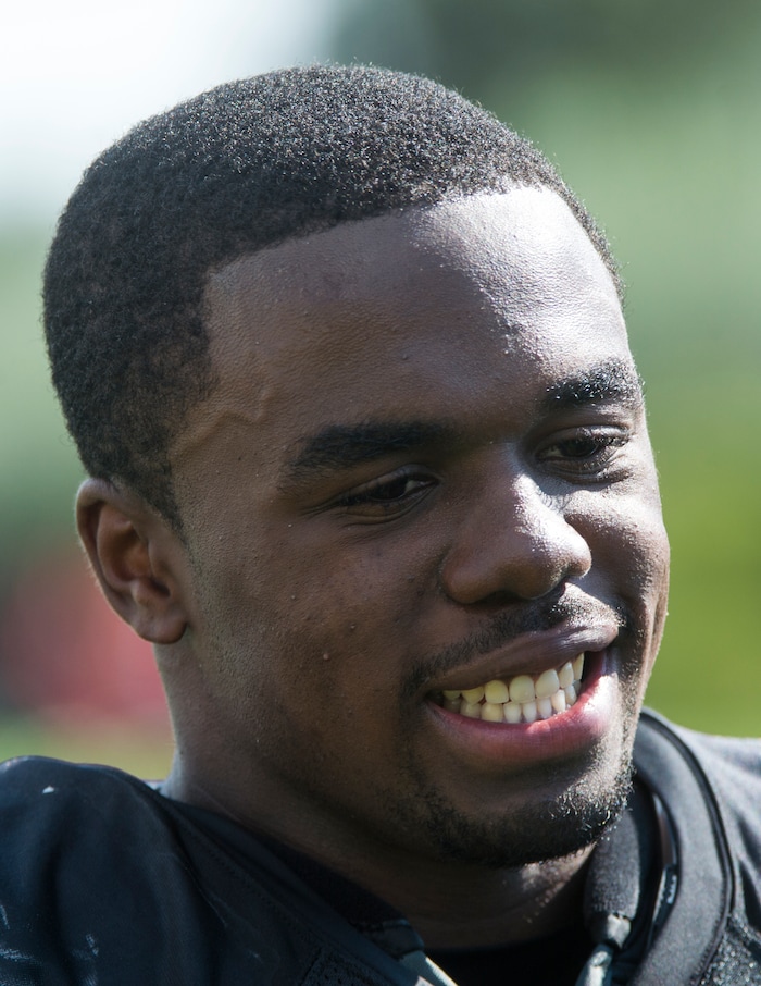 (Rick Egan  |  The Salt Lake Tribune)  University of Utah linebacker, Javelin Guidry (28), talks to the media after football practice, Monday, July 31, 2017.


