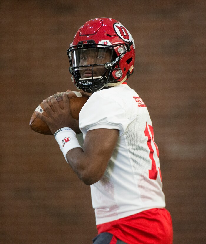 (Rick Egan  |  The Salt Lake Tribune)    Utah redshirt freshman quarterback Jason Shelley works out on the first day of Spring practice, Monday, March 5, 2018.


