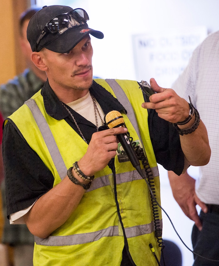 (Rick Egan  |  The Salt Lake Tribune)  Josh Murray talks about being approached by  the police because mistaken for a homeless person, while riding his bicycle through his own neighborhood, at the Poplar Grove Community Alliance Meeting at the St. Patrick Parish Social Hall, Friday, August 25, 2017.


