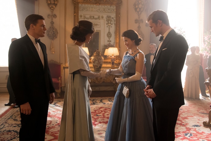 (Photo courtesy of Alex Bailey/Netflix) President John F. Kennedy (Michael C. Hall) and Jackie Kennedy (Jodi Balfour) meet Queen Elizabeth (Claire Foy) and Prince Philip (Matt Smith) in Season 2 of “The Crown.”