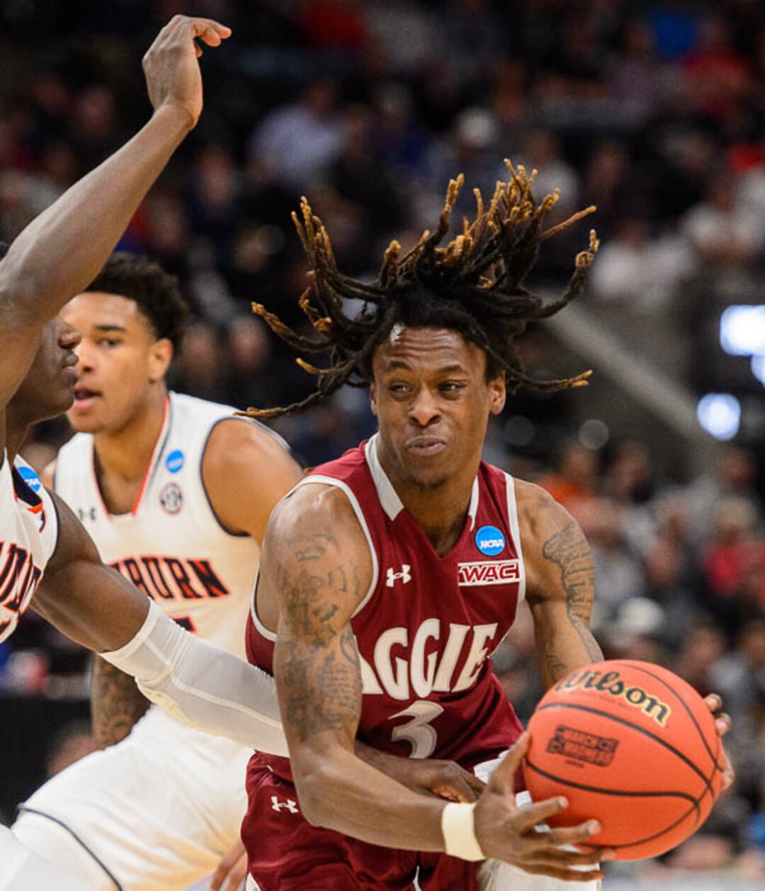 (Trent Nelson | The Salt Lake Tribune)  New Mexico State Aggies guard Terrell Brown (3) as Auburn faces New Mexico State in the 2019 NCAA Tournament in Salt Lake City on Thursday March 21, 2019.
