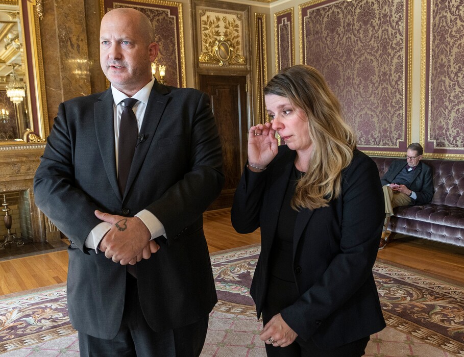 (Leah Hogsten | The Salt Lake Tribune) The parents of Gabby Petito, Joe Petito and Nicole Schmidt, voice their support for SB117 during a press conference at the Utah Capitol, Jan. 30, 2023. SB117 would create a database for police of past domestic violence incidents and calls to police, even if the calls did not lead to criminal charges. The bill would also mandate police ask a series of questions called a Lethality Assessment Program (LAP) to survivors in order to determine their potential danger. The parents spoke about the bill before releasing a new photo of Gabby that was taken moments before she talked to police in Moab, Utah, in August 2021.