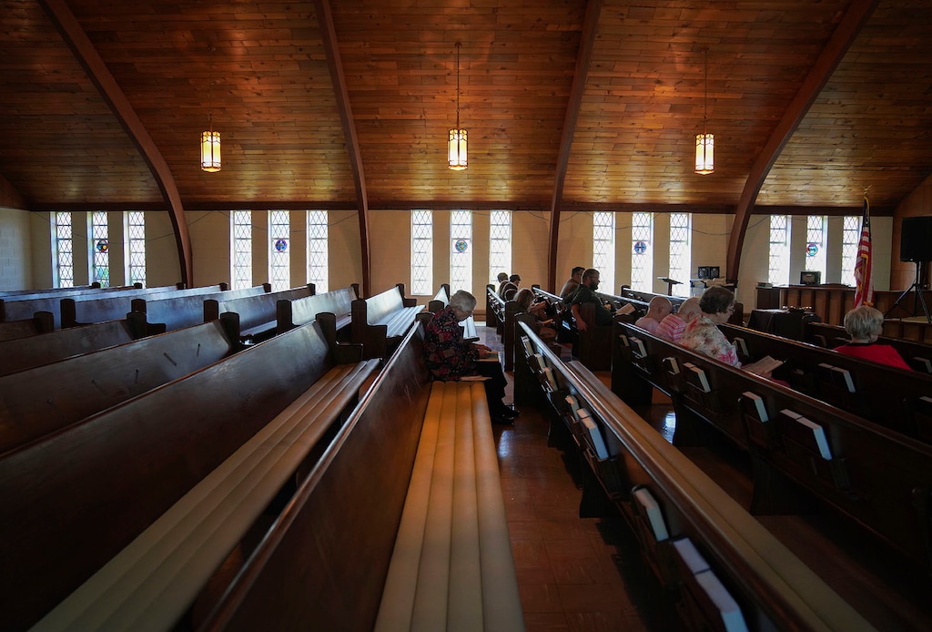 (AP Photo | Jessie Wardarski) Roughly a dozen people attend pastor Ryan Burge's Sunday service at First Baptist Church in Mount Vernon, Illinois, in 2023.