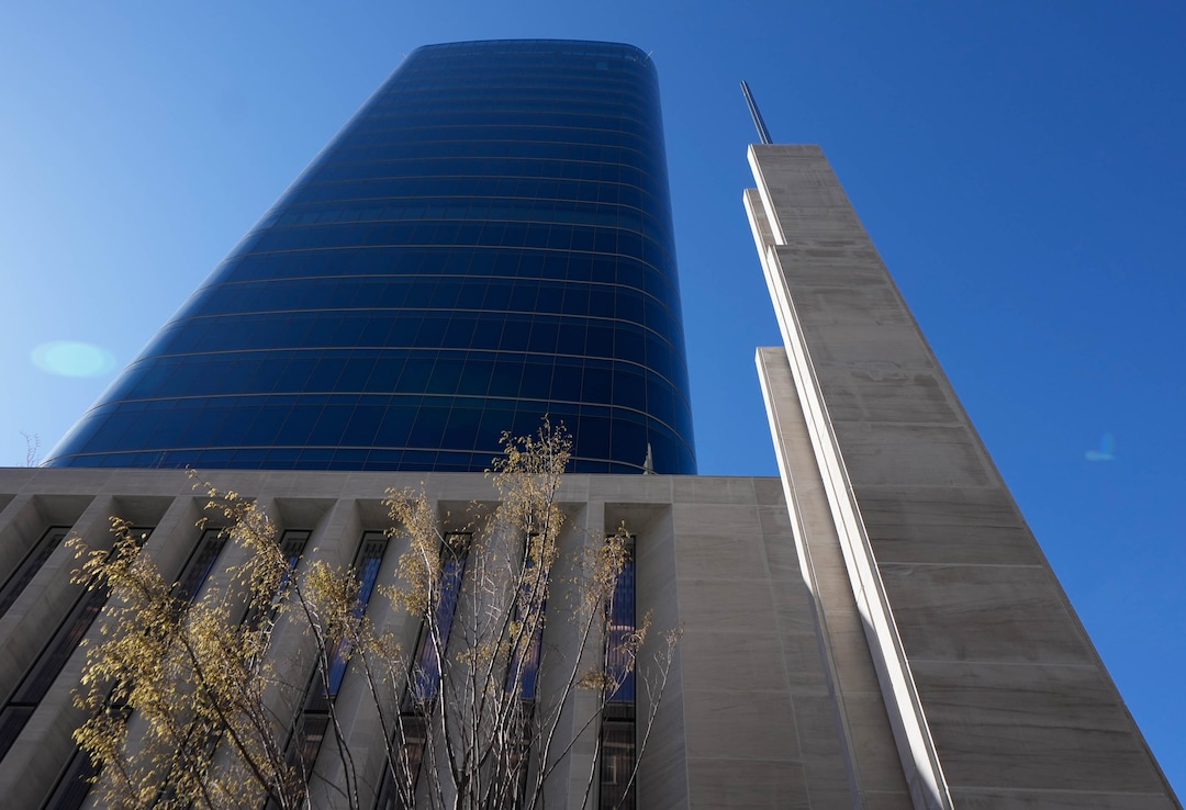 (Francisco Kjolseth | The Salt Lake Tribune) A new steeple at 95 State marks a new meetinghouse of The Church of Jesus Christ of Latter-day Saints as seen on Friday, April 8, 2022. 