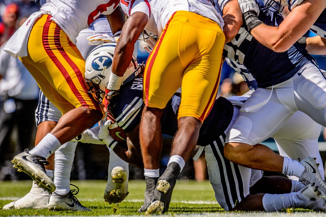 (Trent Nelson  |  The Salt Lake Tribune)  
Brigham Young Cougars defensive back Dayan Ghanwoloku (5) scores a touchown as BYU hosts USC, NCAA football in Provo on Saturday Sept. 14, 2019.