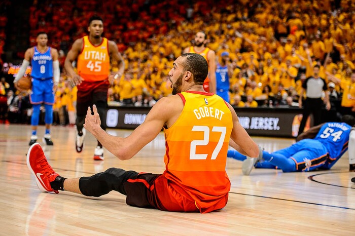 (Trent Nelson | The Salt Lake Tribune)  
Utah Jazz host the Oklahoma City Thunder, Game 3, NBA playoff basketball in Salt Lake City, Saturday April 21, 2018. Utah Jazz center Rudy Gobert (27) reacts to a foul.