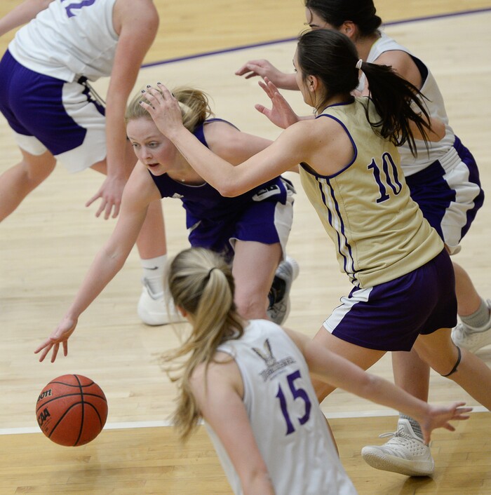 (Francisco Kjolseth  |  The Salt Lake Tribune)  Saydi Anderson battles teammates as the Westminster women's basketball team practices in the Behnken Field House on Tuesday, Ja. 29, 2019. 
