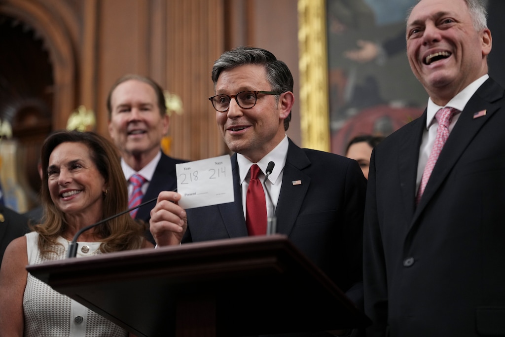 (Eric Lee | The New York Times) House Speaker Mike Johnson, R-La., holds the final vote tally as he speaks at a news conference after the House passed President Donald Trump’s domestic policy bill at the Capitol in Washington on Thursday, July 3, 2025. The House on Thursday narrowly passed a sweeping bill to extend tax cuts and slash social safety net programs, capping Republicans’ chaotic monthslong slog to overcome deep rifts within their party and deliver President Trump’s domestic agenda.