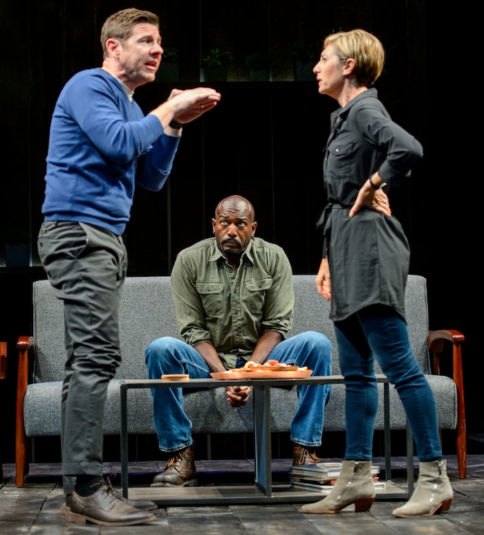 (Steve Griffin  |  The Salt Lake Tribune)  Brian Vaughn, as Brad, Corey Jones as Tate, and Tessa Auberjonois, as Jodie, during the last preview rehearsal of Neil LaBute's "How to Fight Loneliness," making its world premiere at the Utah Shakespeare Festival's Anes Theater on the SUU campus in Cedar City.