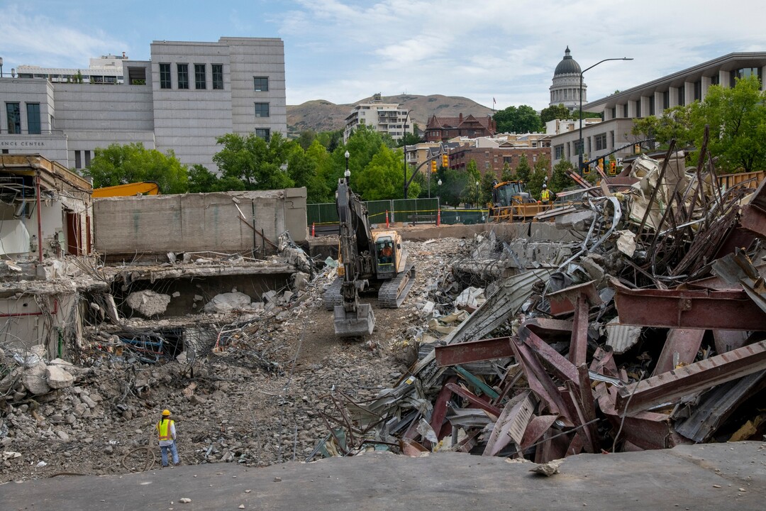 (Photo courtesy of The Church of Jesus Christ of Latter-day Saints) Piles of steel, copper, aluminum, stone and concrete are loaded and trucked to recycling plants from the Salt Lake Temple renovation project in this July 2020 photo. The sorting of the repurposed refuse is more time consuming but considered the right thing to do by the church and its contractors, the church said.