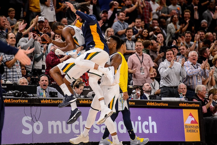 (Trent Nelson | The Salt Lake Tribune)  Utah Jazz guard Alec Burks (10) runs the court after leading a fourth quarter comeback as the Utah Jazz host the Denver Nuggets, NBA basketball in Salt Lake City, Wednesday October 18, 2017.