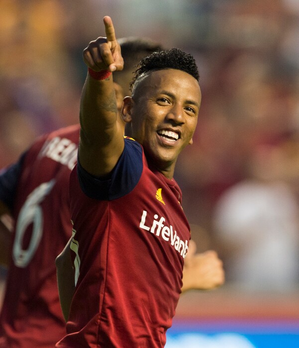 (Rick Egan  |  The Salt Lake Tribune)     Real Salt Lake forward Joao Plata (10) reacts after scoring a goal in the first period, in MLS action between Real Salt Lake and Montreal Impact, at Rio Tinto Stadium in Sandy, Saturday, Aug. 11, 2018.