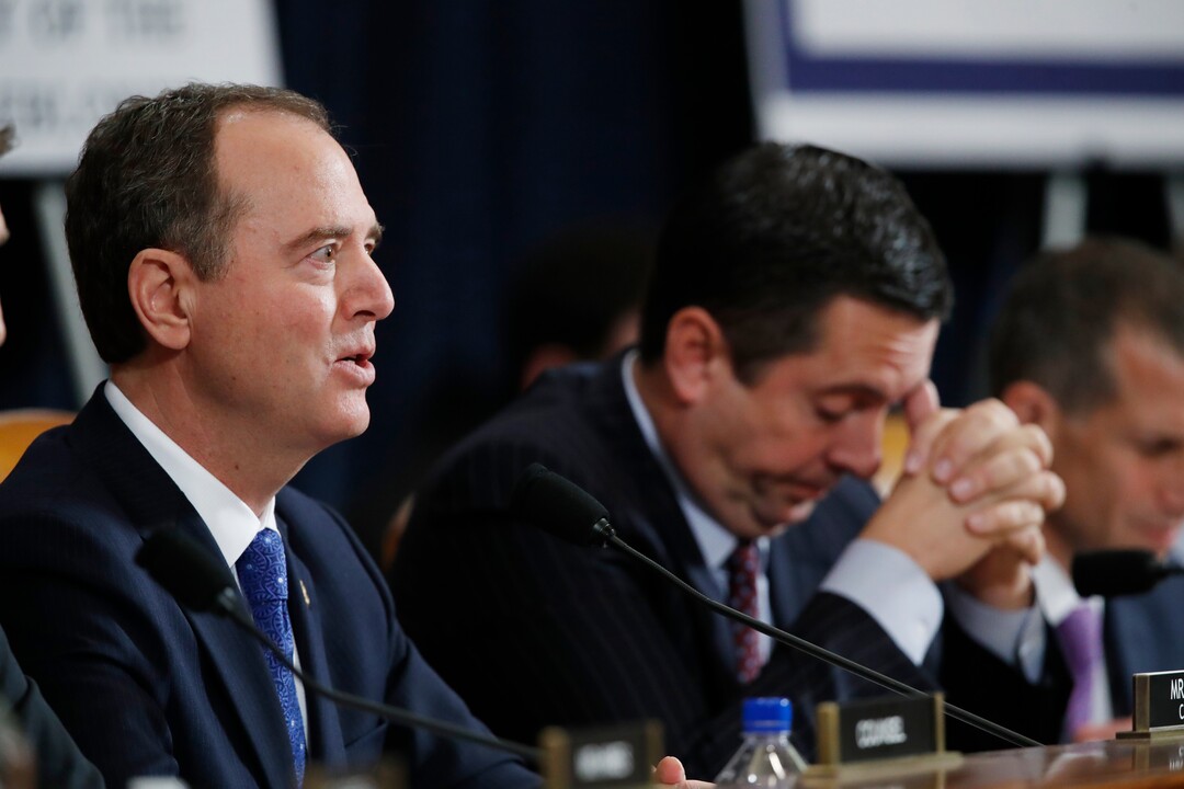 (Alex Brandon  |  AP photo) House Intelligence Committee Chairman Adam Schiff, D-Calif., left, questions U.S. Ambassador to the European Union Gordon Sondland testifies before the House Intelligence Committee on Capitol Hill in Washington, Wednesday, Nov. 20, 2019, during a public impeachment hearing of President Donald Trump's efforts to tie U.S. aid for Ukraine to investigations of his political opponents, as ranking member Rep. Devin Nunes of Calif., looks on. 