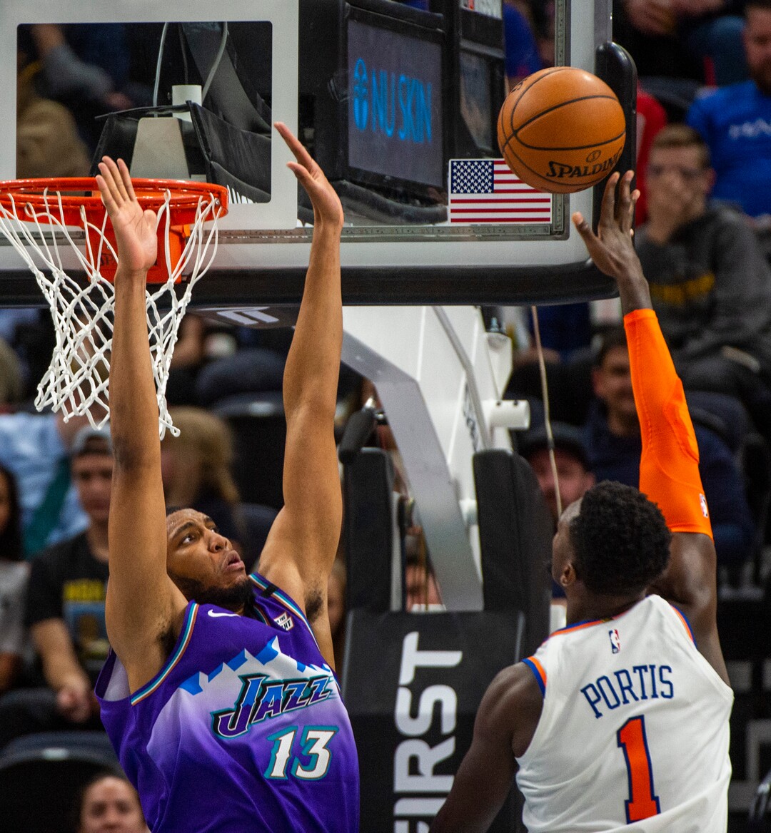 (Rick Egan  |  The Salt Lake Tribune)  New York Knicks forward Bobby Portis (1) shoots over Utah Jazz center Tony Bradley (13), in NBA action between the Utah Jazz and the New York Knicks, in Salt Lake City, Wednesday, Jan. 8, 2020.