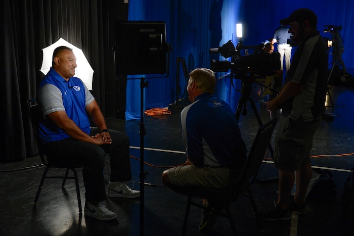 (Francisco Kjolseth  |  The Salt Lake Tribune)  BYU hosts their eighth-annual football media day at the BYU-Broadcasting Building on Friday, June 22, 2018, as head coach Kalani Sitake makes the interview rounds.