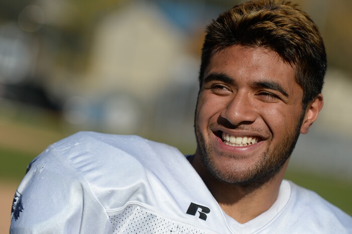 (Francisco Kjolseth | The Salt Lake Tribune) Nifai Tonga, a defensive end and wide receiver for Skyline football has stood out and is considering his options for schools.