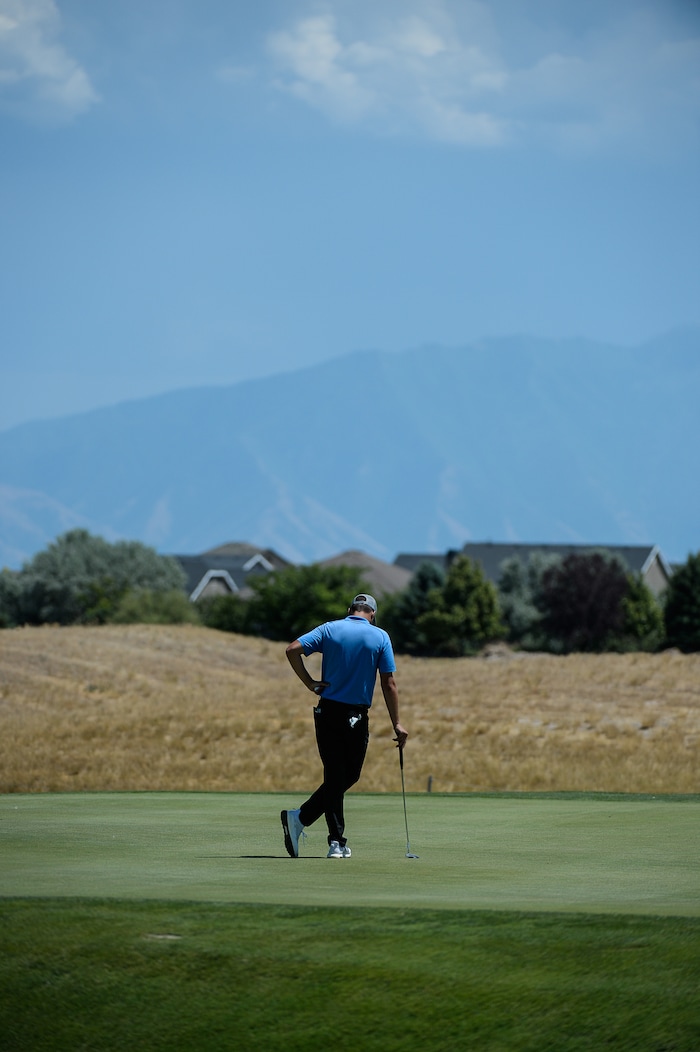 (Francisco Kjolseth  |  The Salt Lake Tribune)  A mixture of local pros and nationwide travelers make their annual attempt to qualifying for the Utah Championship on the Web.com Tour and a shot to play in a PGA Tour-brand event at Talons Cove Golf Course in Saratoga Springs on Monday, July 7, 2018. Only 12 players advance from a field of roughly 140.