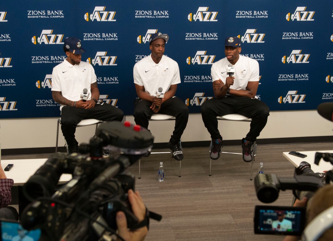 (Rick Egan  |  The Salt Lake Tribune)   Utah Jazz draft picks Justin Wright-Foreman, Miye Oni, and Jarrell Brantley are introduced to the media during a news conference at the Zions Bank Basketball Campus, Thursday, June 27, 2019.