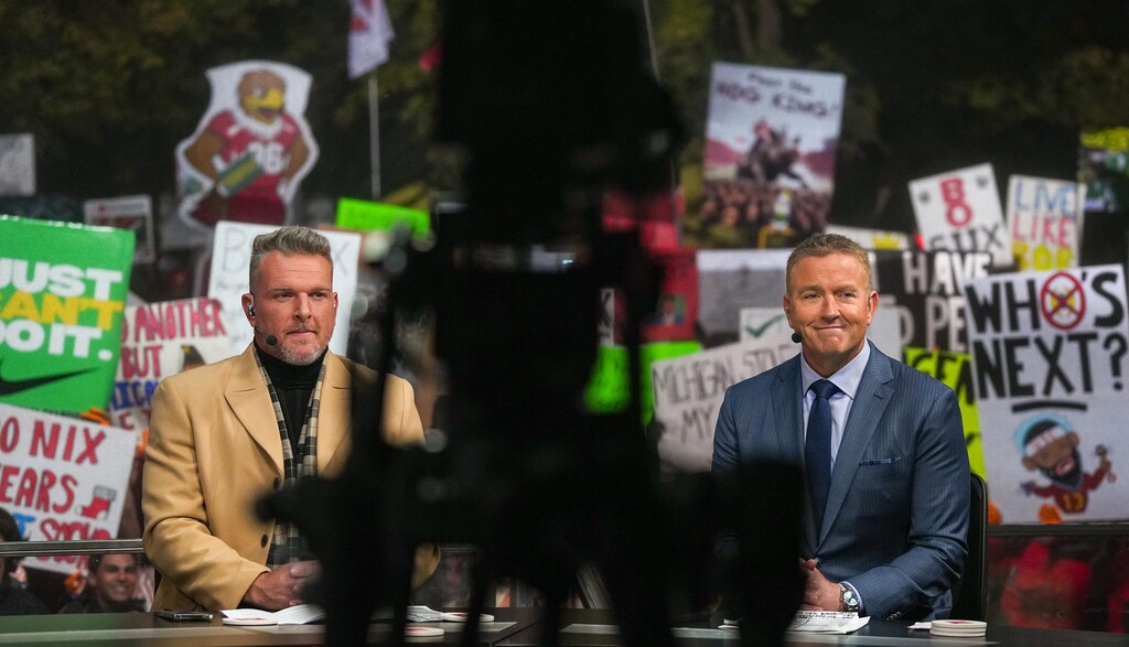 (Chris Samuels | The Salt Lake Tribune) ESPN’s College GameDay personalities Pat McAfee, left, and Kirk Herbstreit at the University of Utah in Salt Lake City, Saturday, Oct. 28, 2023.
