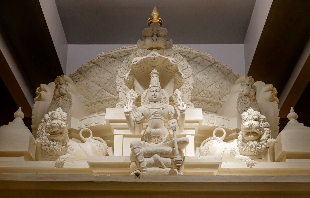 Leah Hogsten  |  The Salt Lake Tribune  Maha Vishnu, the eternal protector. Artisans from around the world spent two years hand-carving deities in the Sri Ganesha Hindu Temple in South Jordan. 