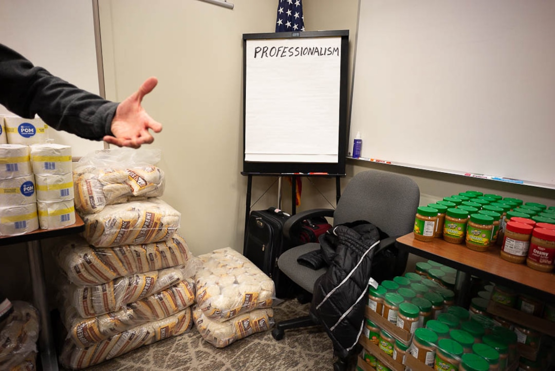 (Trent Nelson | The Salt Lake Tribune)  Food from the Utah Food Pantry is stacked in a training room at the Salt Lake City International Airport. Salt Lake City Mayor Jackie Biskupski had pizza delivered to TSA and other federal employees to thank them for working at the airport without pay during the partial federal shutdown on Tuesday Jan. 22, 2019.