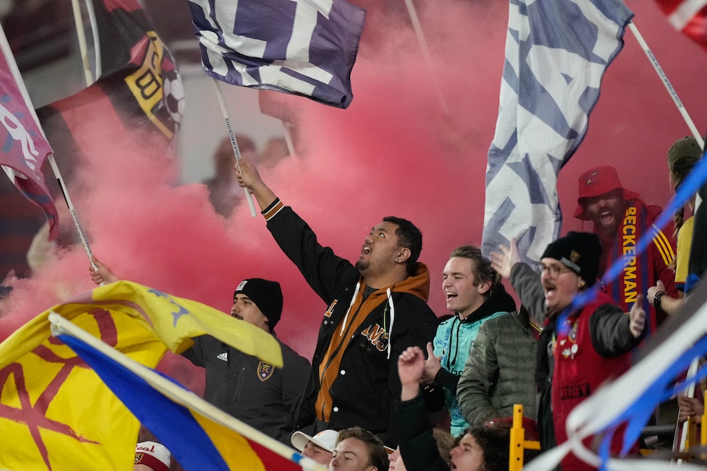 (Francisco Kjolseth  |  The Salt Lake Tribune) The fans celebrate Real Salt Lake’s first goal of the game as they hosts the Colorado Rapids during an MLS soccer match in Sandy, Utah on Saturday, March 9, 2024.
