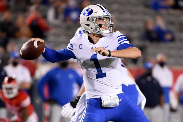 BYU quarterback Zach Wilson throws a pass during the first half of an NCAA college football game against Houston, Friday, Oct. 16, 2020, in Houston. (AP Photo/Eric Christian Smith)