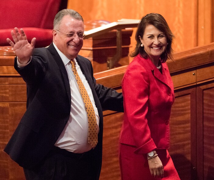 (Rick Egan  |  The Salt Lake Tribune)          Newly called Apostle, Elder Ulisses Soares waves to the crowd as he and his wife, Sister Rosana Soares, leave the stand, after the Saturday morning session of the188th Annual General Conference in Salt Lake City,  FSaturday, March 31, 2018.