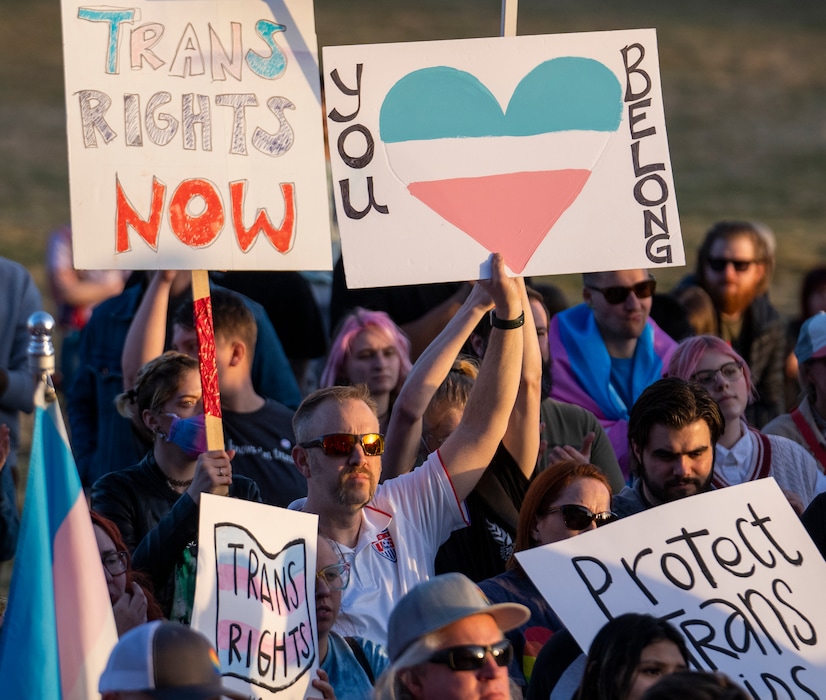 (Rick Egan | The Salt Lake Tribune) Protesters on the steps of the Capitol, in support of transgender youth, on Thursday, March 24, 2022.