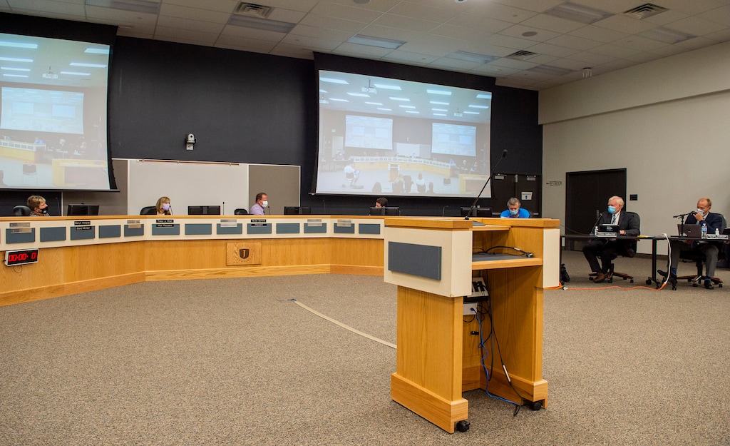 (Rick Egan  |  The Salt Lake Tribune)   The Jordan School Board discusses the Covid-19 cases at Riverton High School, on Wednesday, Sept. 16, 2020.