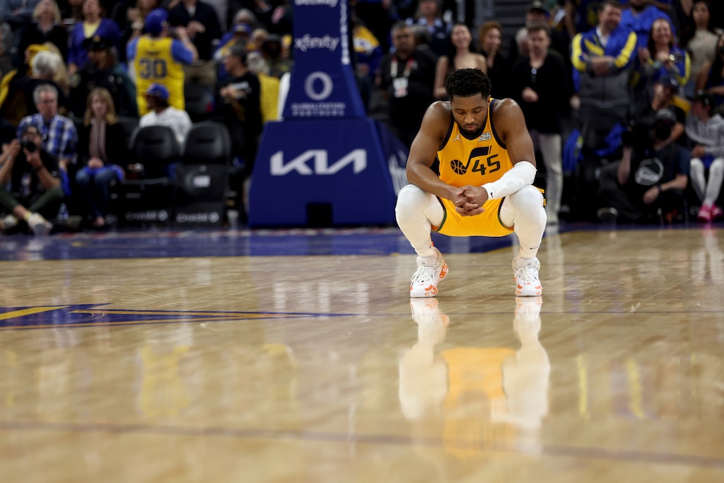 Utah Jazz guard Donovan Mitchell (45) reacts during the second half of an NBA basketball game against the Golden State Warriors in San Francisco, Saturday, April 2, 2022. (AP Photo/Jed Jacobsohn)