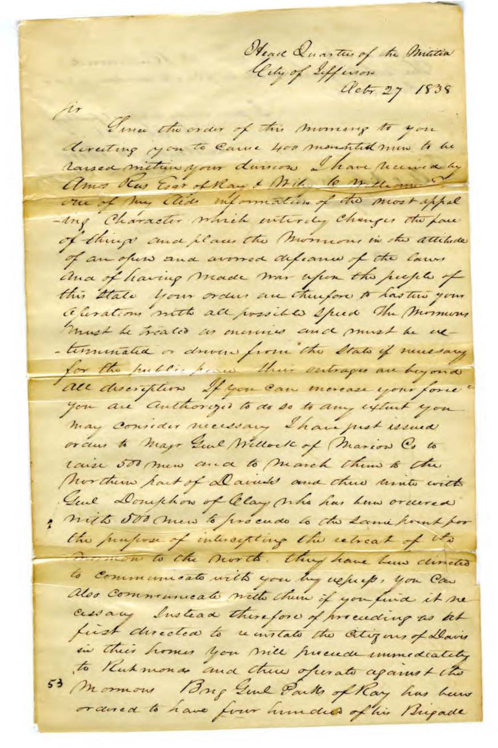 |  CourtesyA copy of the Mormon "extermination order" issued by Missouri Governor Lilburn W. Boggs in 1838.